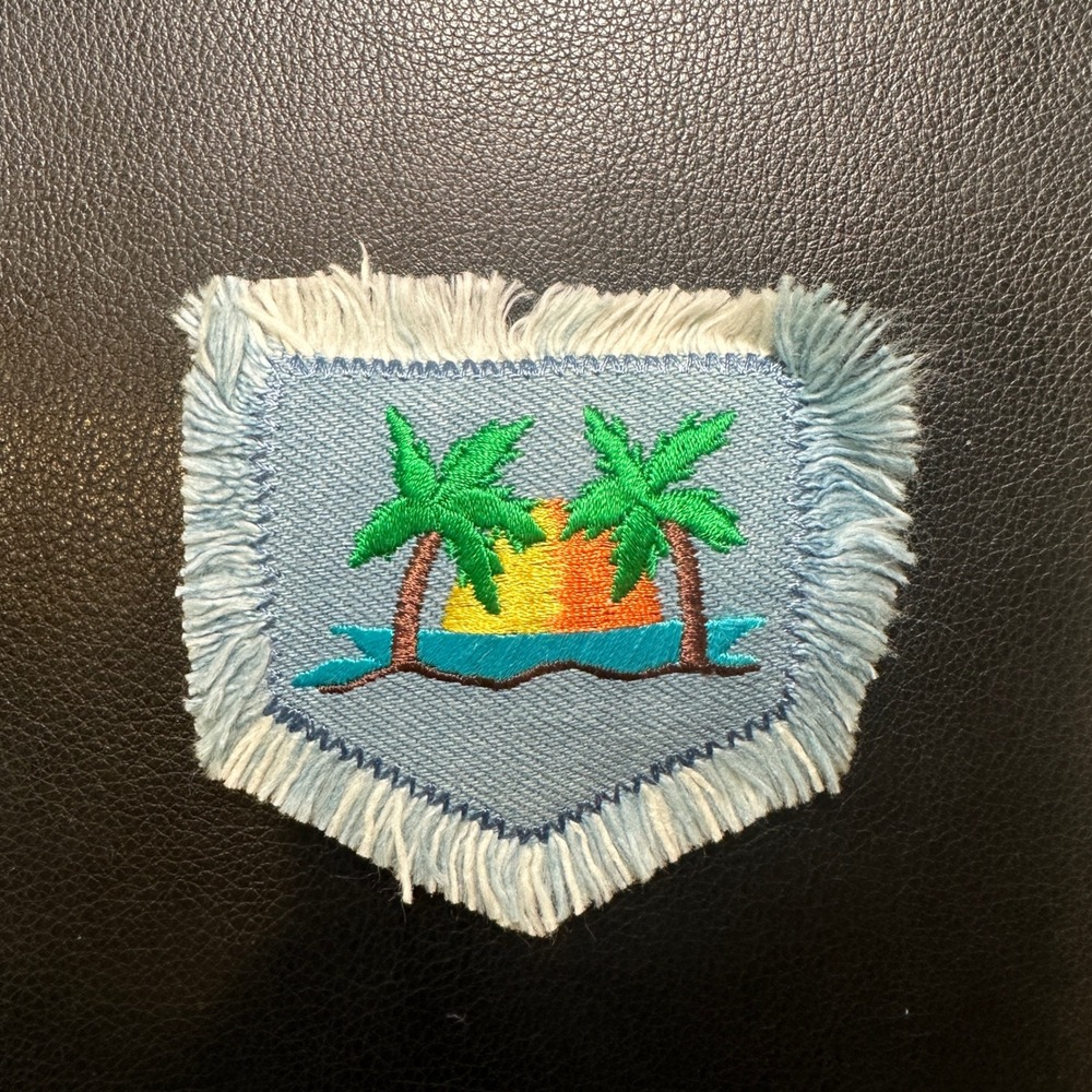 Tropical Palm Tree Sunset Embroidered Patch Applique Fringed Denim‎ Fabric